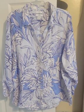 Halston Sz3X 100% Linen Heritage Blue and White Floral Button-Down Shirt